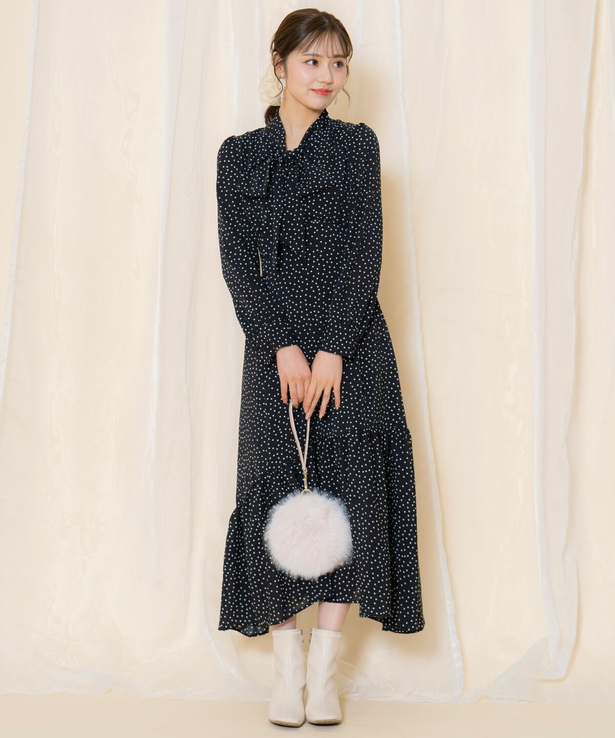 WILLSELECTION「ドット柄ギャザーヘムボウタイワンピース」|ワンピース|