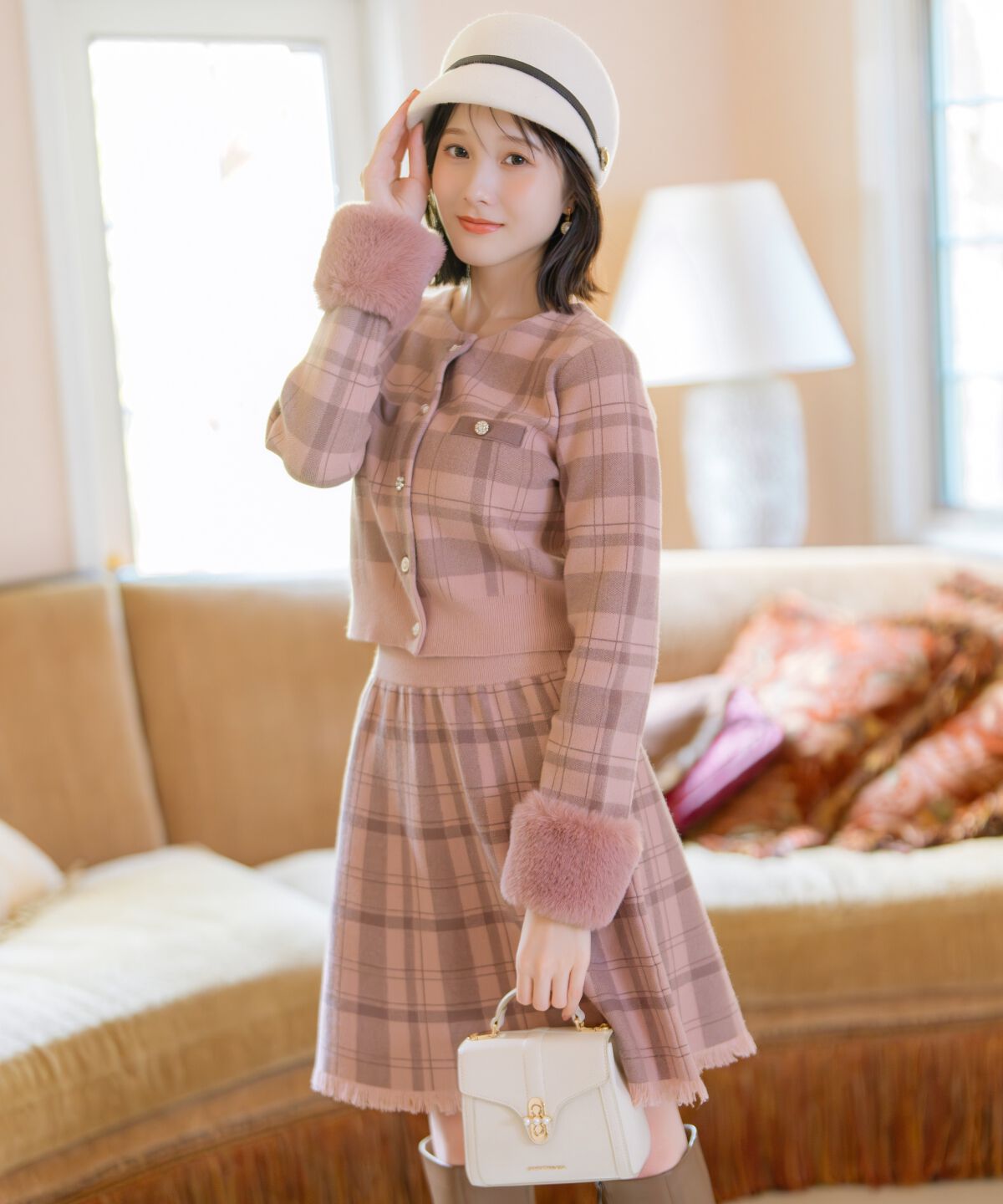 WILLSELECTION「チェック柄ファーカフスカーディガン」|カーディガン|