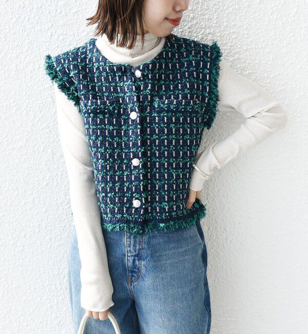 SHIPS for women「〈手洗い可能〉メタルボタンツイードニットベスト」|ベスト・ジレ|グリーン