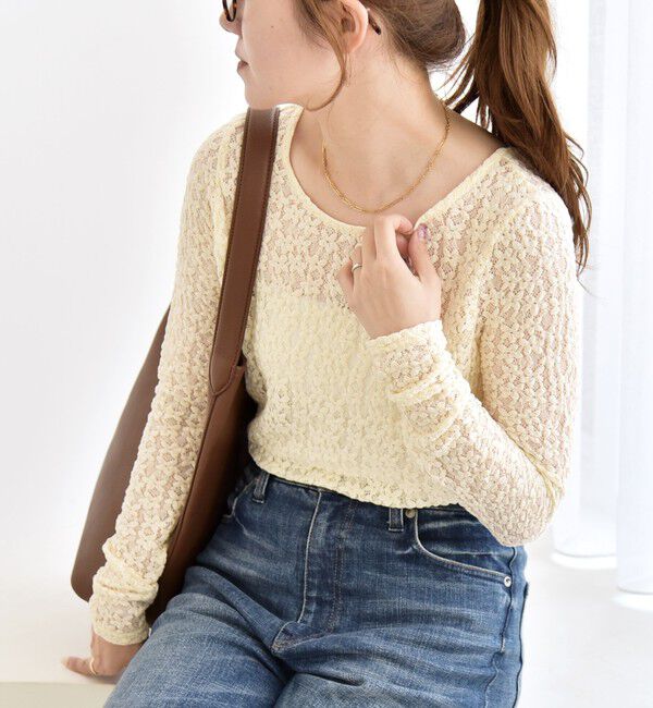 quaranciel「quaranciel:〈手洗い可能〉フラワー レース ストレッチ クルーネック プルオーバー」|Tシャツ・カットソー|オフホワイト