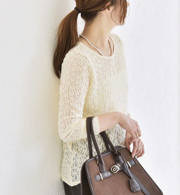 quaranciel「quaranciel:〈手洗い可能〉フラワー レース ストレッチ クルーネック プルオーバー」|Tシャツ・カットソー|