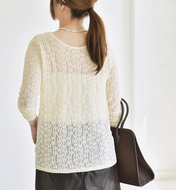 quaranciel「quaranciel:〈手洗い可能〉フラワー レース ストレッチ クルーネック プルオーバー」|Tシャツ・カットソー|