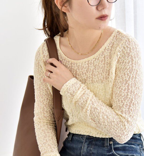 quaranciel「quaranciel:〈手洗い可能〉フラワー レース ストレッチ クルーネック プルオーバー」|Tシャツ・カットソー|