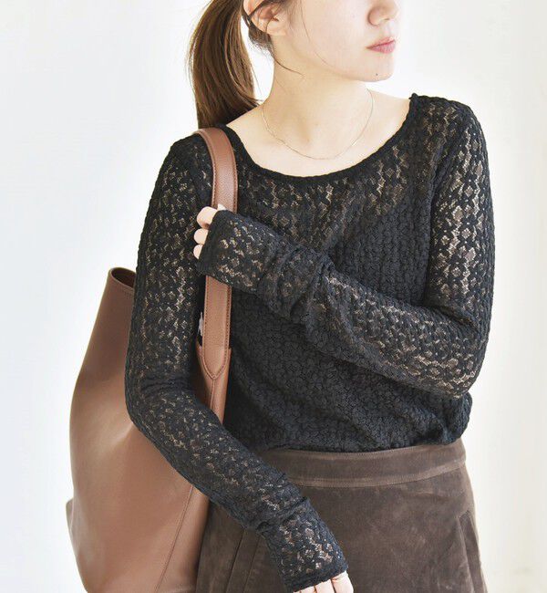 quaranciel「quaranciel:〈手洗い可能〉フラワー レース ストレッチ クルーネック プルオーバー」|Tシャツ・カットソー|ブラック