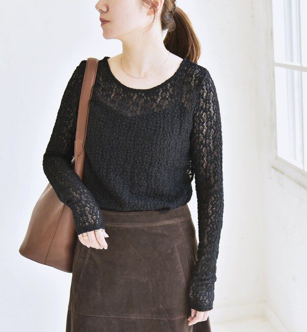 quaranciel「quaranciel:〈手洗い可能〉フラワー レース ストレッチ クルーネック プルオーバー」|Tシャツ・カットソー|