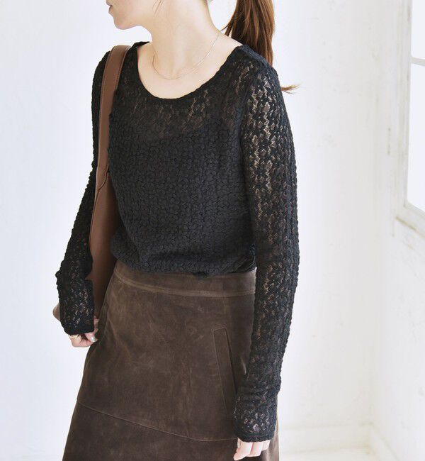 quaranciel「quaranciel:〈手洗い可能〉フラワー レース ストレッチ クルーネック プルオーバー」|Tシャツ・カットソー|