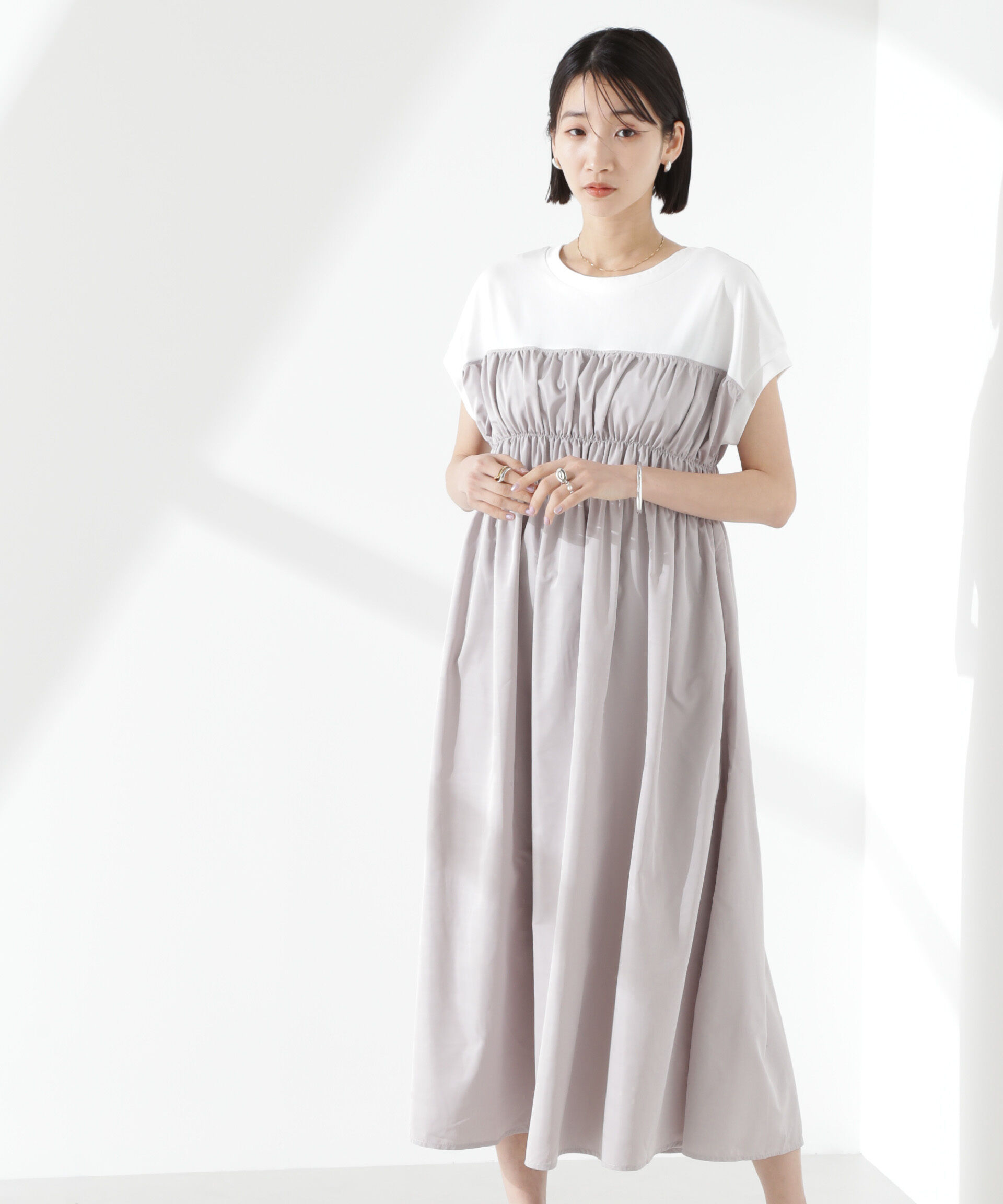 nano･universe「フロントシャーリングドッキングワンピース」|ワンピース|グレー