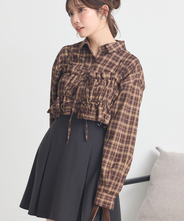 earth music&ecology「SET2点チェック柄シャーリングビスチェ＋シャツ」|シャツ・ブラウス|