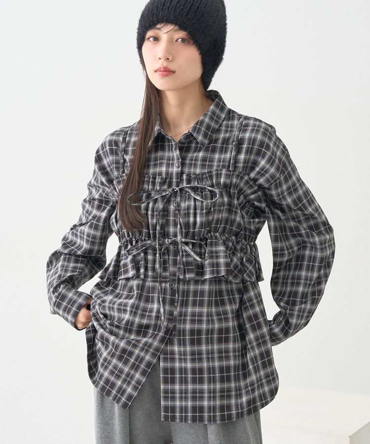 earth music&ecology「SET2点チェック柄シャーリングビスチェ＋シャツ」|シャツ・ブラウス|