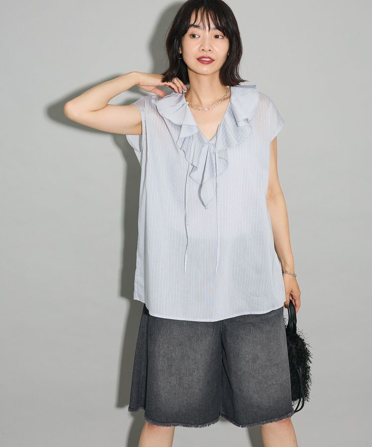 Green Parks「ノースリーブストライプフリルブラウス」|シャツ・ブラウス|