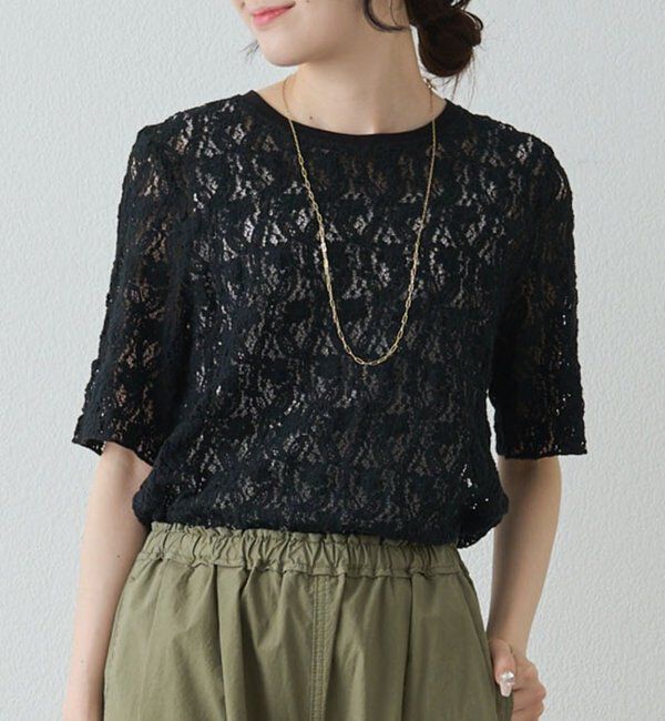  「ストレッチレースTシャツ」|プルオーバー|ブラック