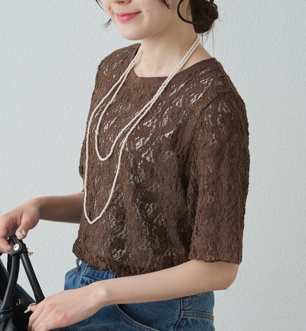  「ストレッチレースTシャツ」|プルオーバー|ブラウン