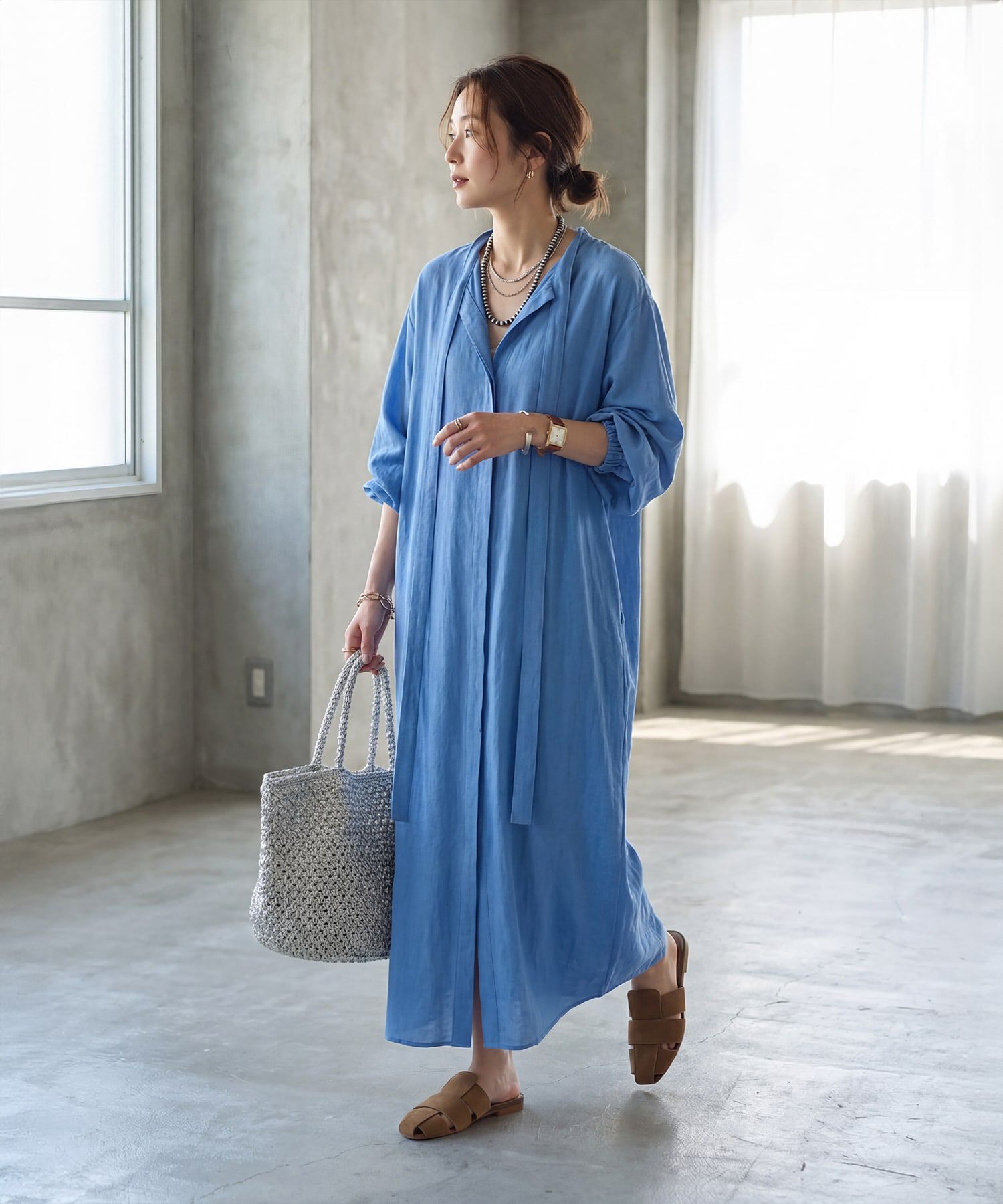 STYLE DELI「綿麻混紡ロングボウタイギャザーワンピース」|ワンピース|ブルー