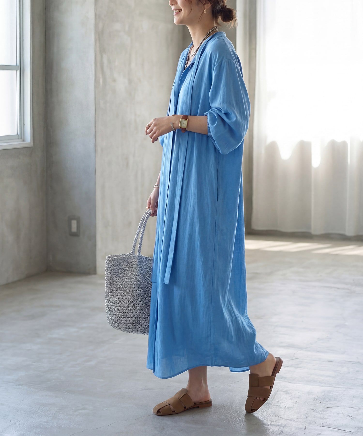 STYLE DELI「綿麻混紡ロングボウタイギャザーワンピース」|ワンピース|