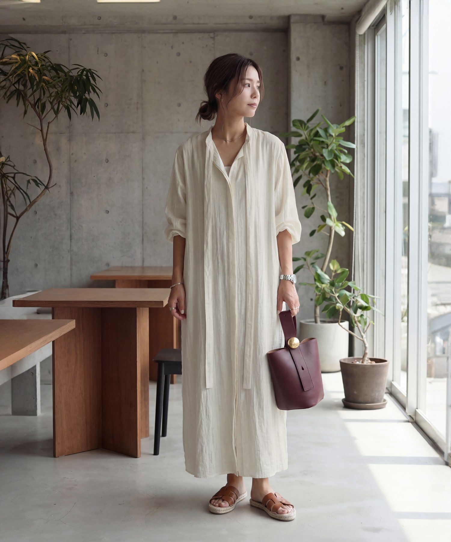 STYLE DELI「綿麻混紡ロングボウタイギャザーワンピース」|ワンピース|