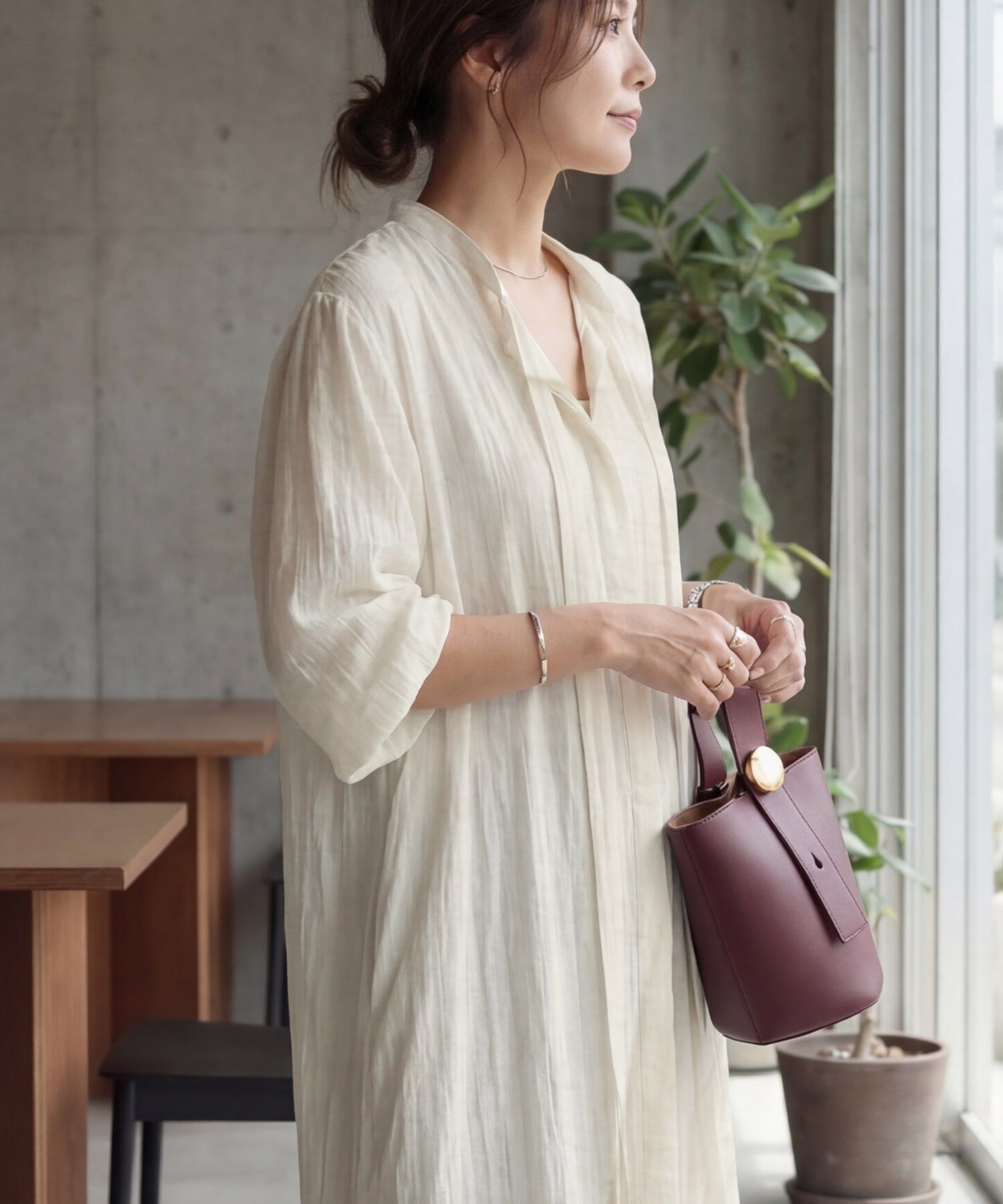 STYLE DELI「綿麻混紡ロングボウタイギャザーワンピース」|ワンピース|