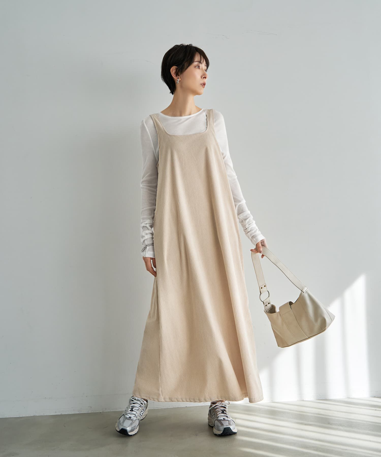 STYLE DELI「薄めコーデュロイスクエアオフジャンパースカート」|ワンピース|