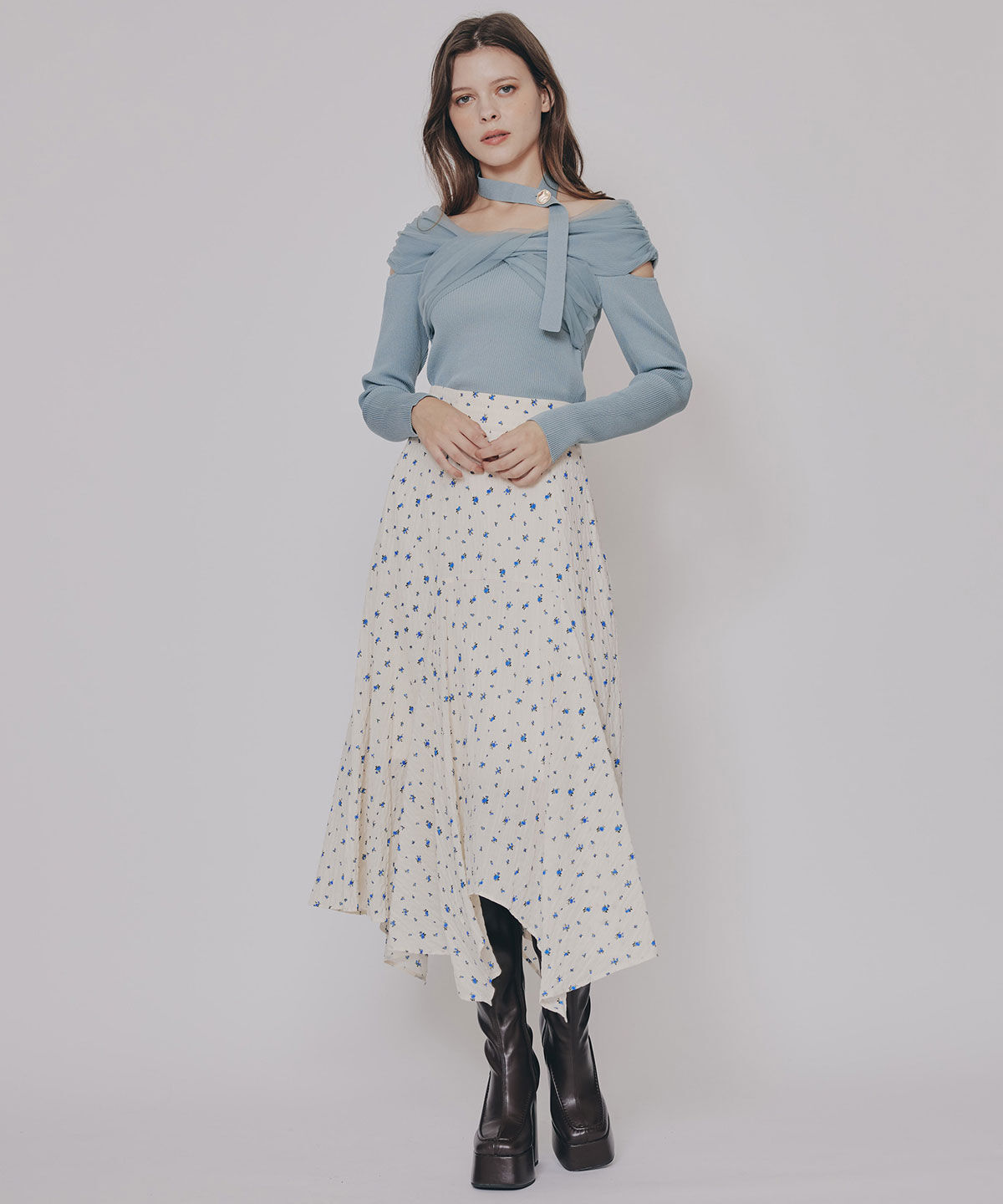 REDYAZEL「ミニフラワーイレヘムロングスカート」|フレア|