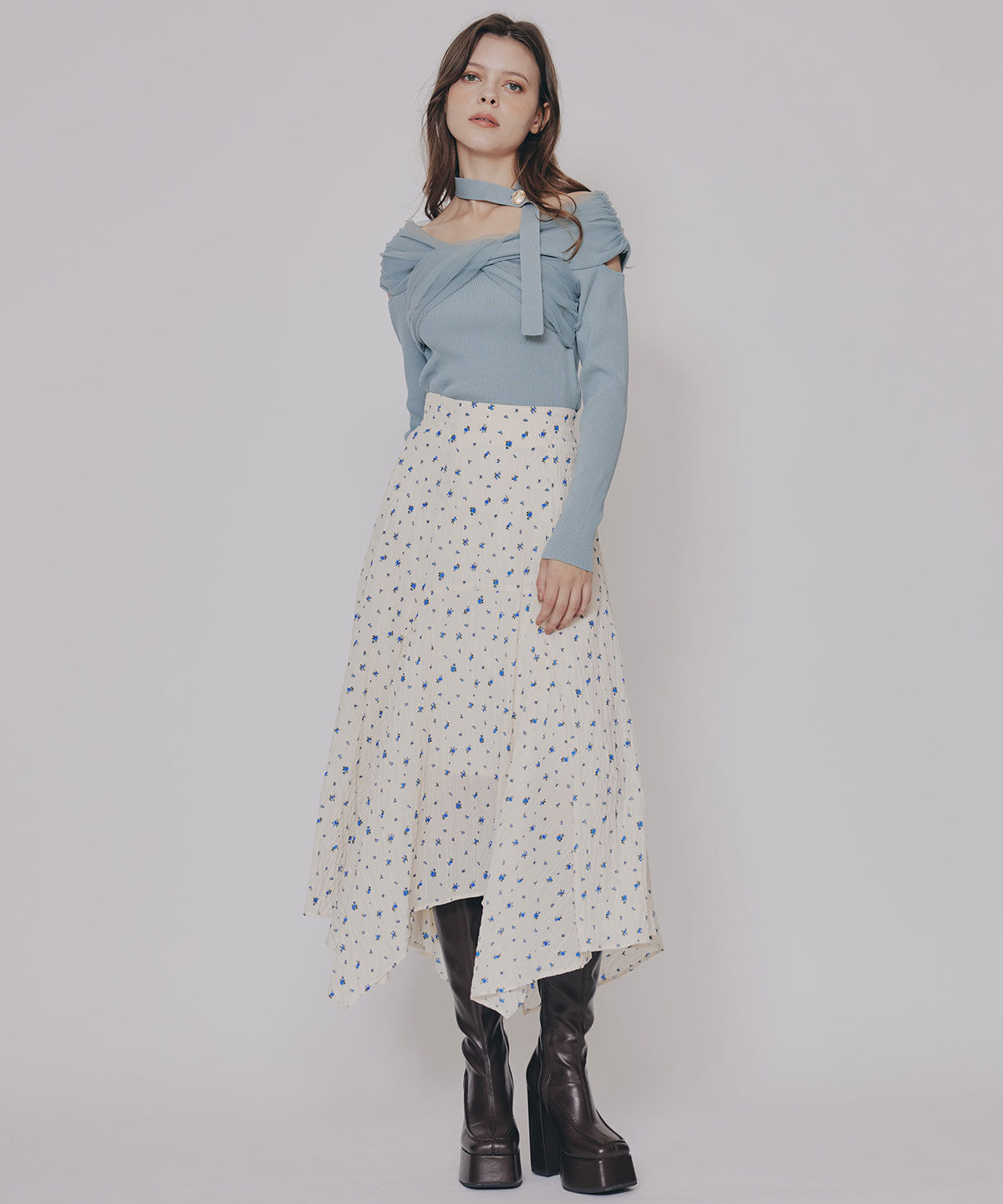 REDYAZEL「ミニフラワーイレヘムロングスカート」|フレア|