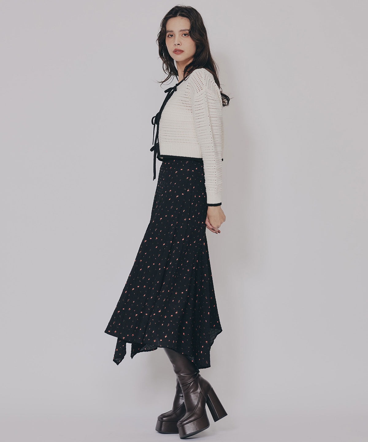 REDYAZEL「ミニフラワーイレヘムロングスカート」|フレア|