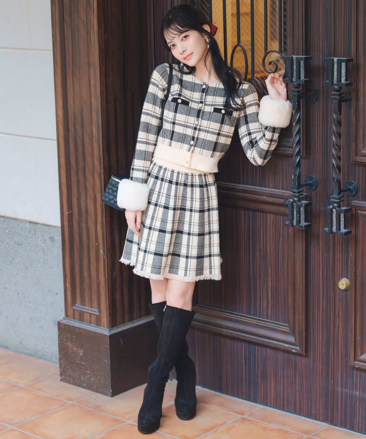 WILLSELECTION「チェック柄ファーカフスカーディガン」|カーディガン|