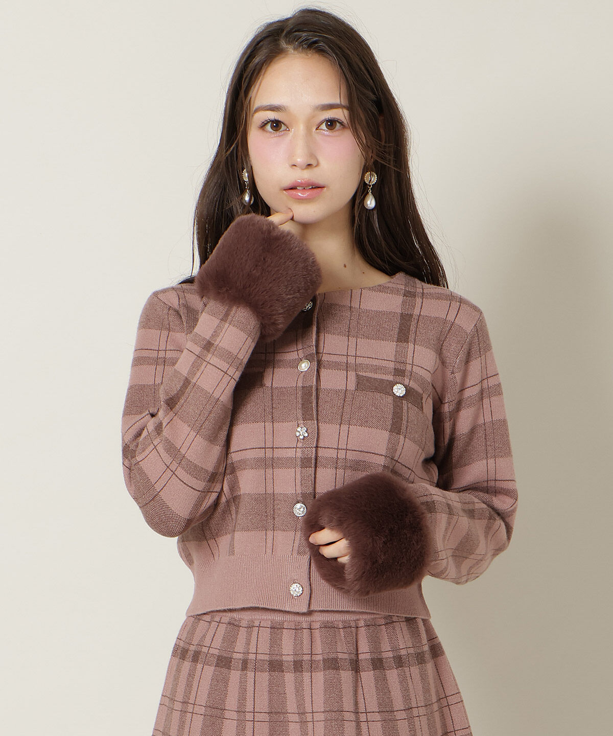 WILLSELECTION「チェック柄ファーカフスカーディガン」|カーディガン|茶系幾何､ﾊﾟﾈﾙ柄