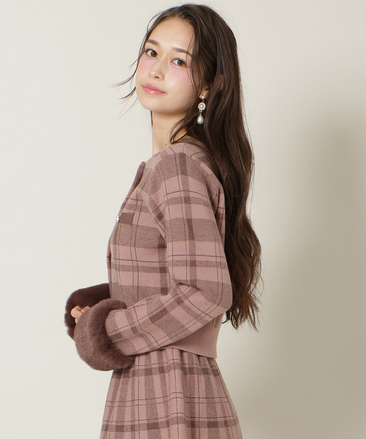 WILLSELECTION「チェック柄ファーカフスカーディガン」|カーディガン|