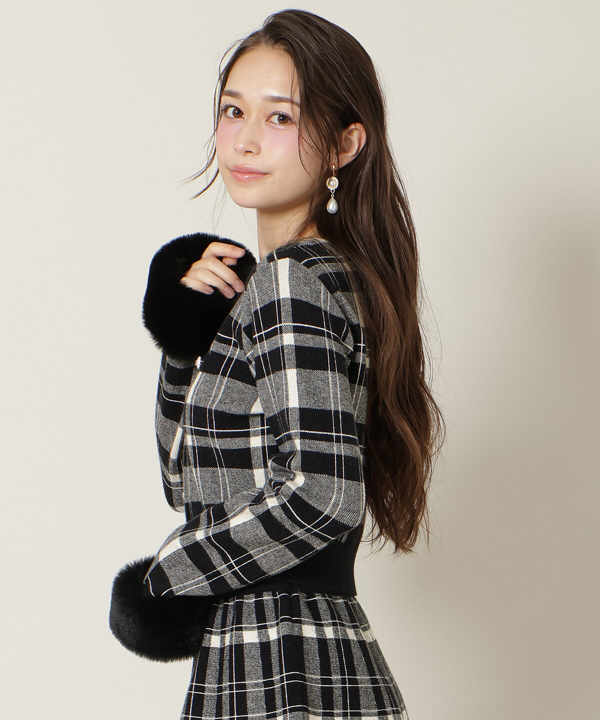 WILLSELECTION「チェック柄ファーカフスカーディガン」|カーディガン|