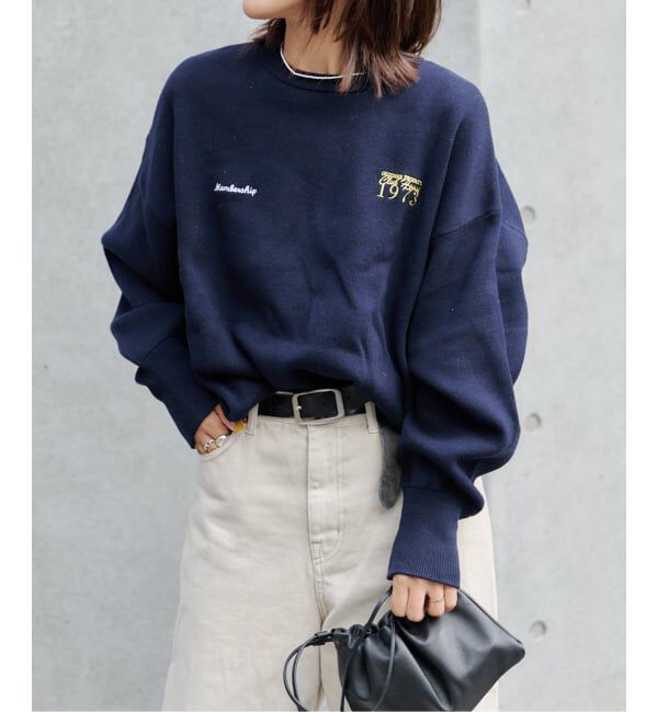 OUTDOOR PRODUCTS Usual Things「追加2 ロゴ刺繍スウェットライククルーネックニットプルオーバー」|ニット・セーター|ネイビー