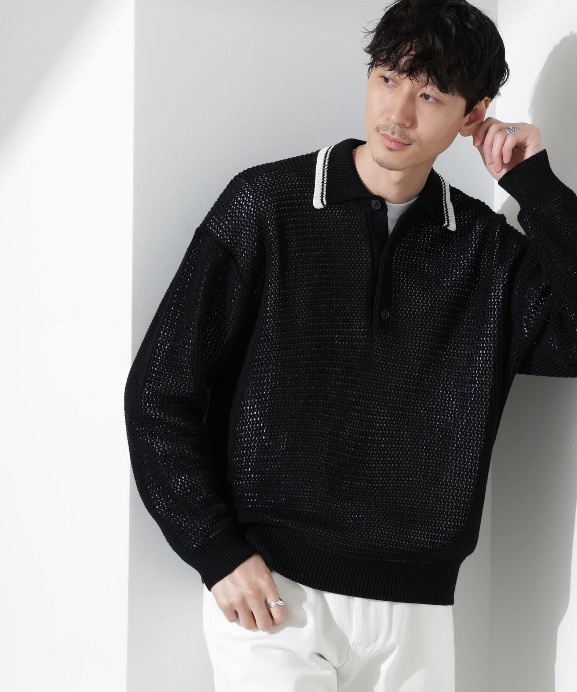 nano･universe「ローゲージ ニットポロ」|ニット・セーター|ブラック