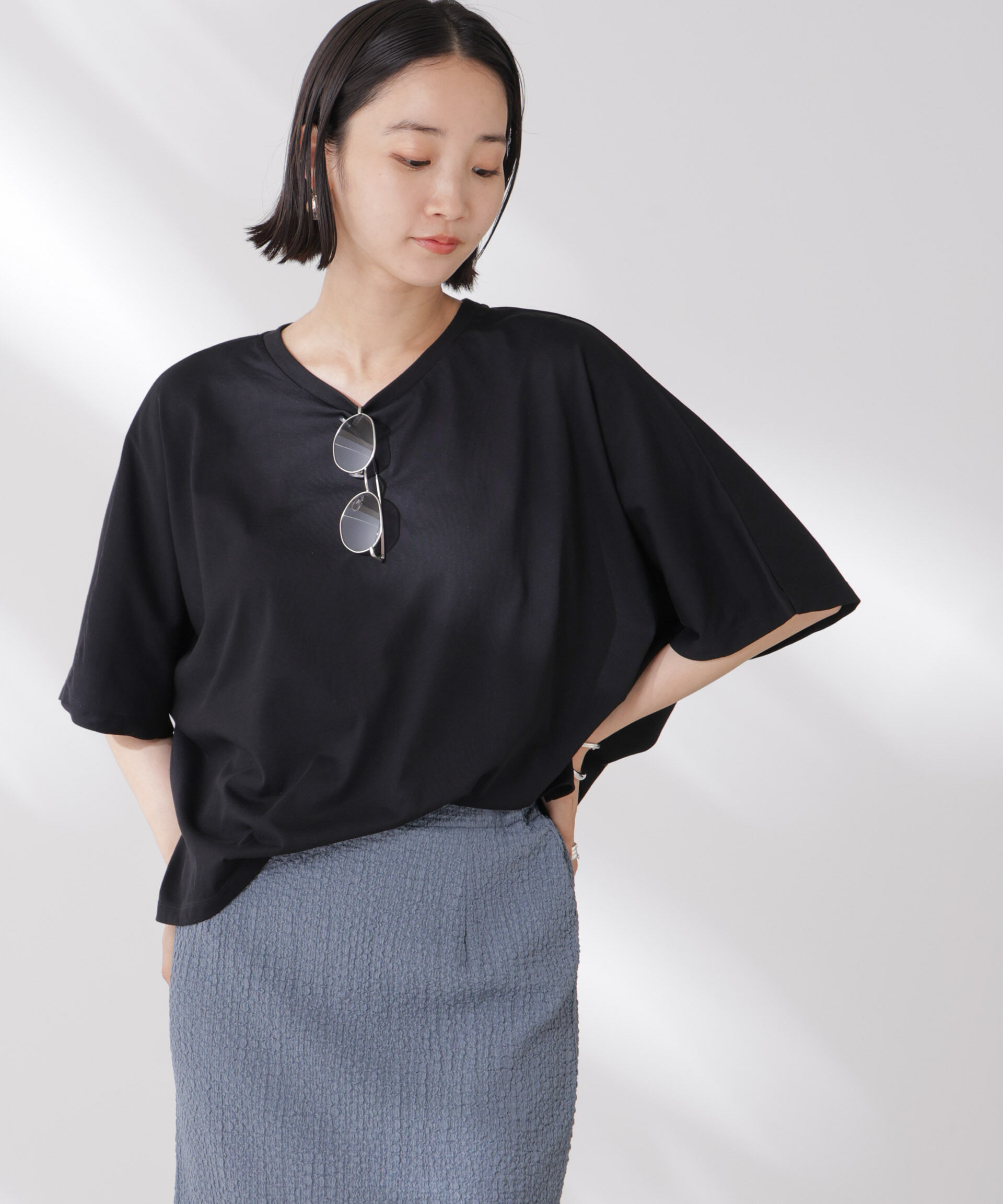 nano･universe「吸水速乾抗菌防臭ドルマンワイドトップス」|Tシャツ・カットソー|ブラック