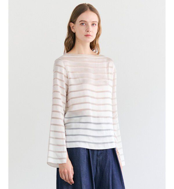 BEIGE,「HAUYNITE / ボーダーシアー ボートネックブラウス」|シャツ・ブラウス|Ecru