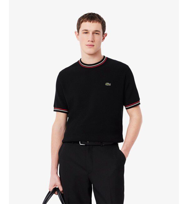 LACOSTE「ドライタッチ 配色ラインハイゲージ半袖ニット」|ニット・セーター|ブラック
