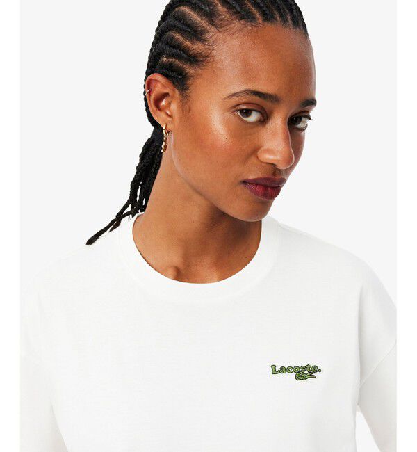 LACOSTE「ネーム＆ワニロゴパッチクロップド半袖Tシャツ」|Tシャツ・カットソー|