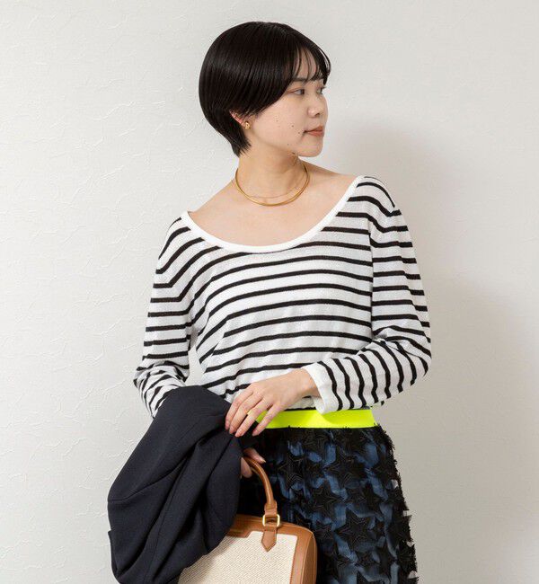 Rie Miller「ウォッシャブルブークレーボーダーバックUネックプルオーバー」|ニット・セーター|