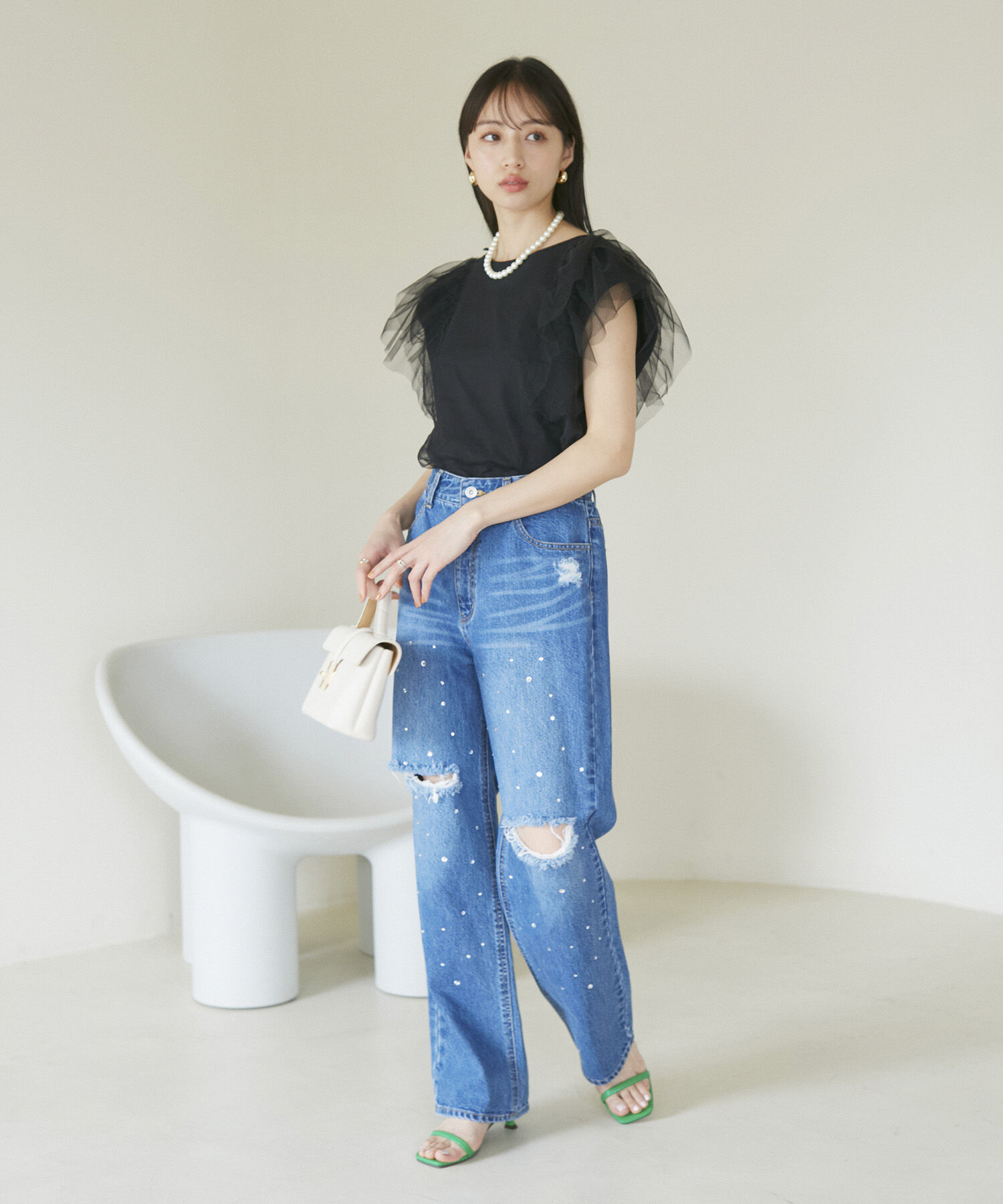 VIS「【洗える】バックリボンチュールドッキングプルオーバー」|Tシャツ・カットソー|
