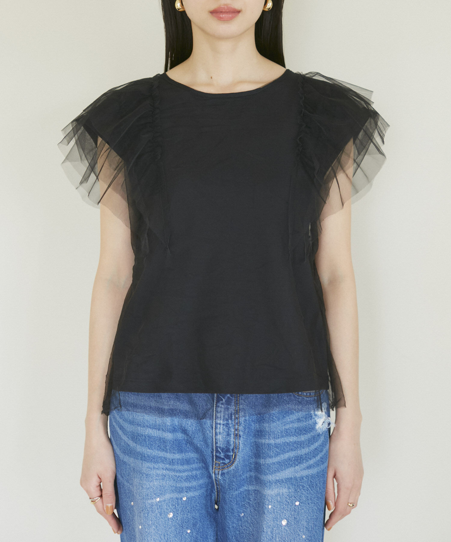 VIS「【洗える】バックリボンチュールドッキングプルオーバー」|Tシャツ・カットソー|