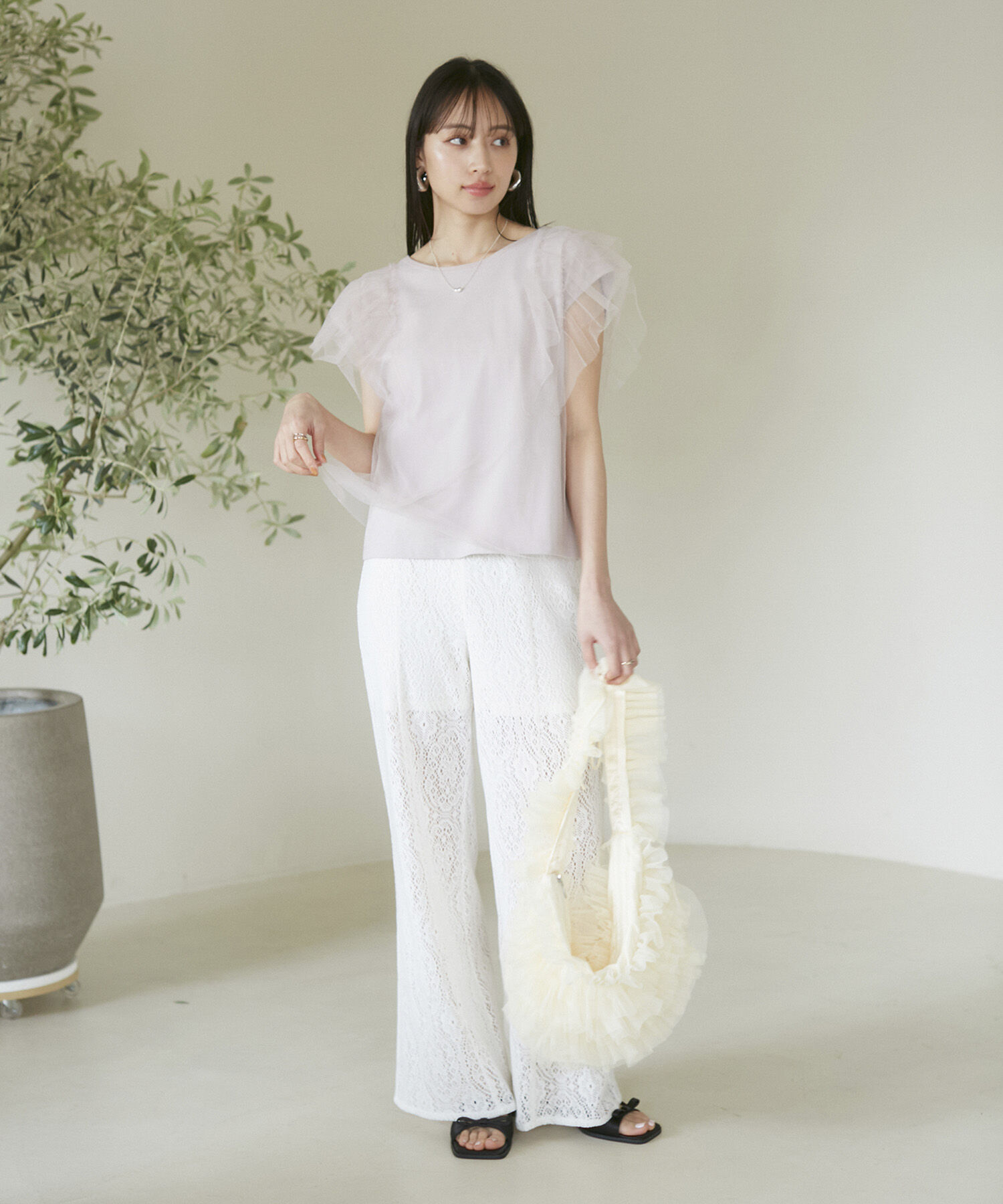 VIS「【洗える】バックリボンチュールドッキングプルオーバー」|Tシャツ・カットソー|