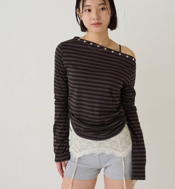  「スタッズオフショルL/Sトップス(ドット/ボーダー)」|Tシャツ・カットソー|