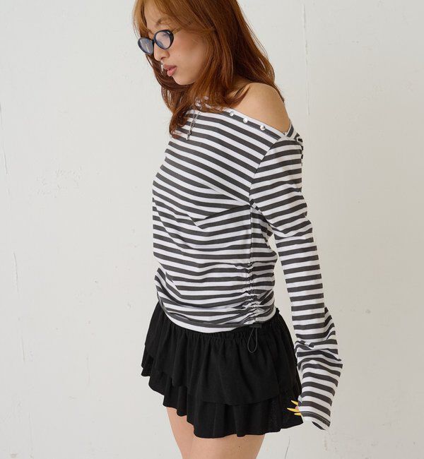  「スタッズオフショルL/Sトップス(ドット/ボーダー)」|Tシャツ・カットソー|