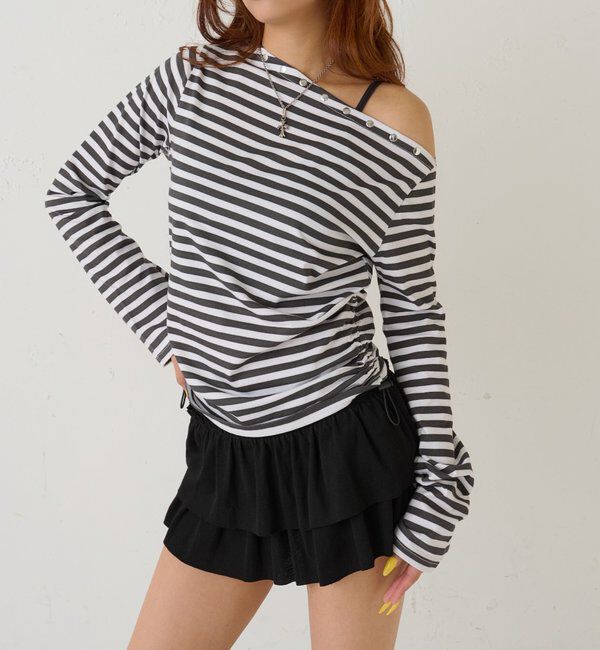  「スタッズオフショルL/Sトップス(ドット/ボーダー)」|Tシャツ・カットソー|