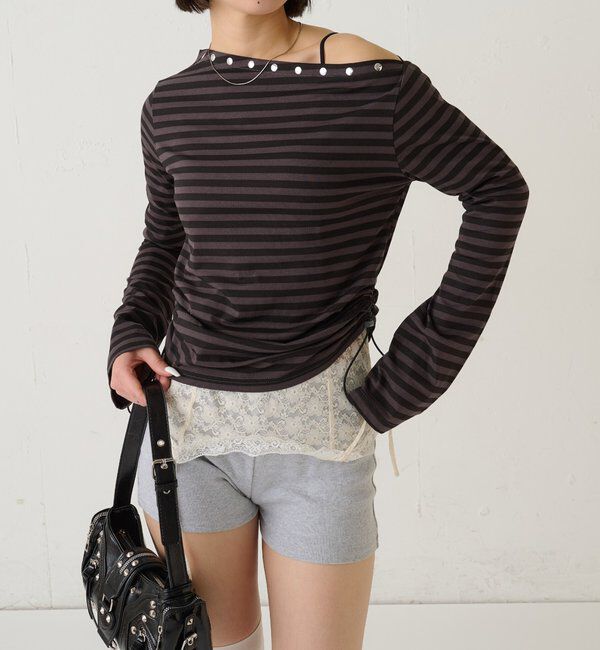  「スタッズオフショルL/Sトップス(ドット/ボーダー)」|Tシャツ・カットソー|