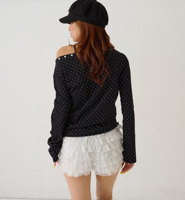  「スタッズオフショルL/Sトップス(ドット/ボーダー)」|Tシャツ・カットソー|