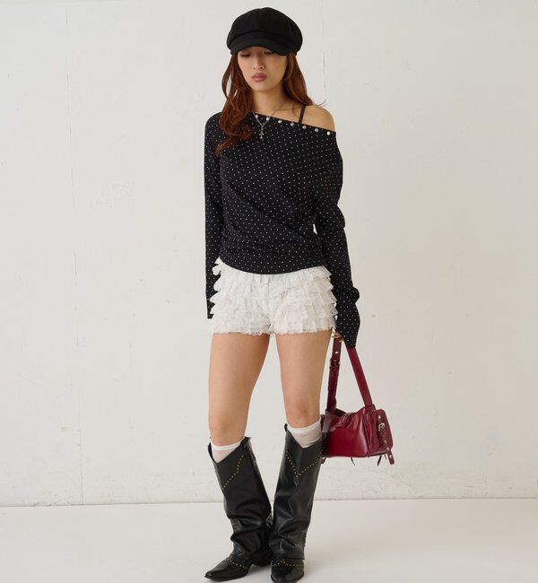 「スタッズオフショルL/Sトップス(ドット/ボーダー)」|Tシャツ・カットソー|