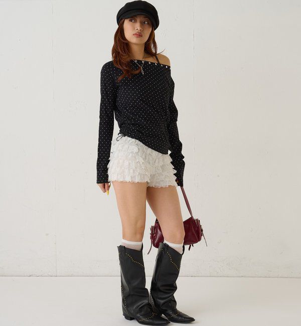  「スタッズオフショルL/Sトップス(ドット/ボーダー)」|Tシャツ・カットソー|