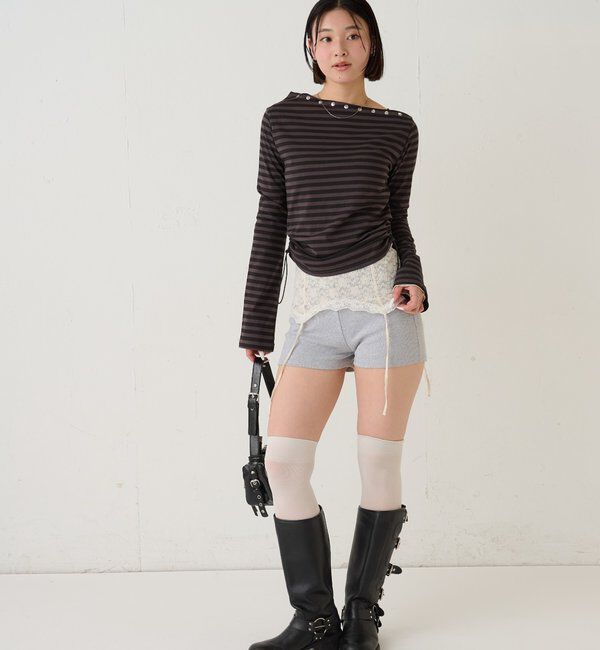  「スタッズオフショルL/Sトップス(ドット/ボーダー)」|Tシャツ・カットソー|