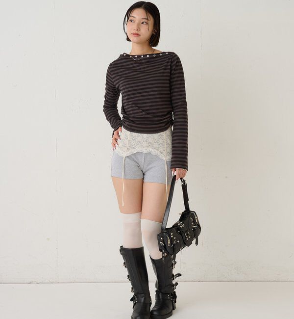  「スタッズオフショルL/Sトップス(ドット/ボーダー)」|Tシャツ・カットソー|