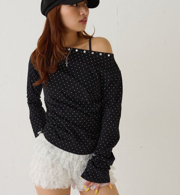  「スタッズオフショルL/Sトップス(ドット/ボーダー)」|Tシャツ・カットソー|ブラック