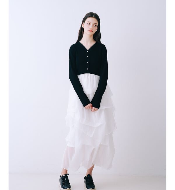 SELFIST「【kariさんコラボ】カーディガン&times;ニットドッキングチュールワンピースセット【予」|ワンピース|