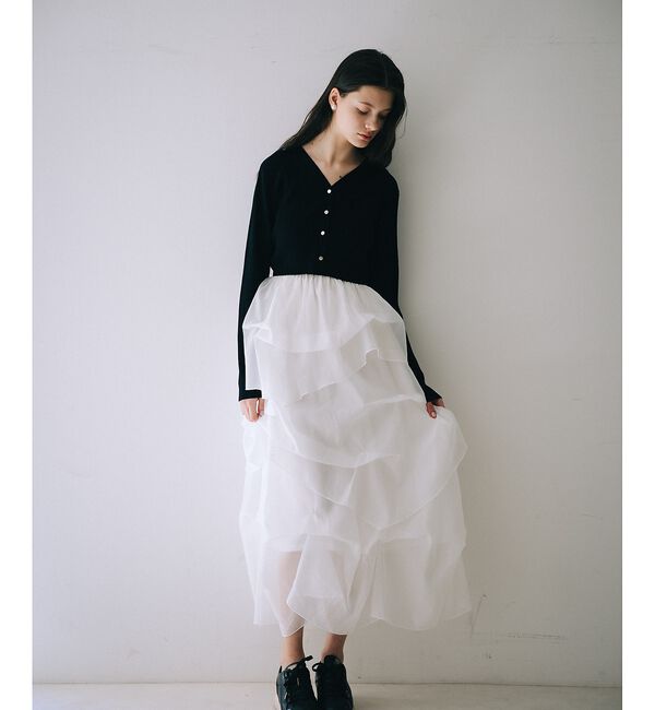 SELFIST「【kariさんコラボ】カーディガン&times;ニットドッキングチュールワンピースセット【予」|ワンピース|